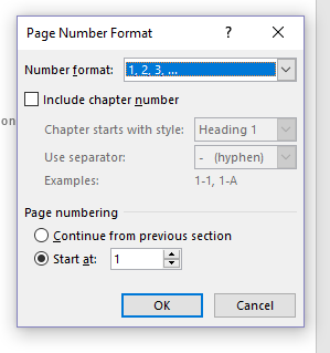 Screenshot of the Page Number Format dialog