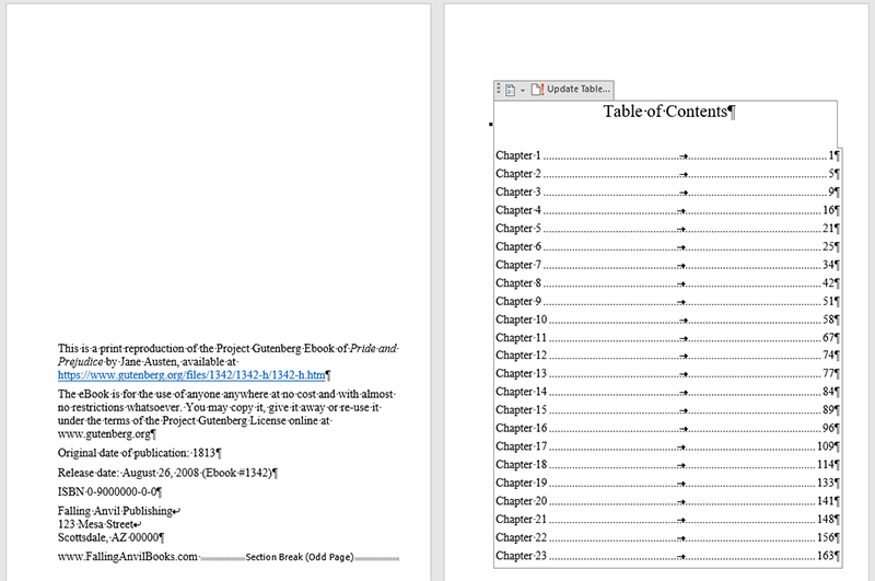 Screenshot of an automated Table of Contents