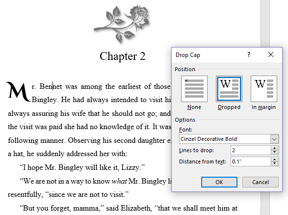 Screenshot of the drop cap options in Word