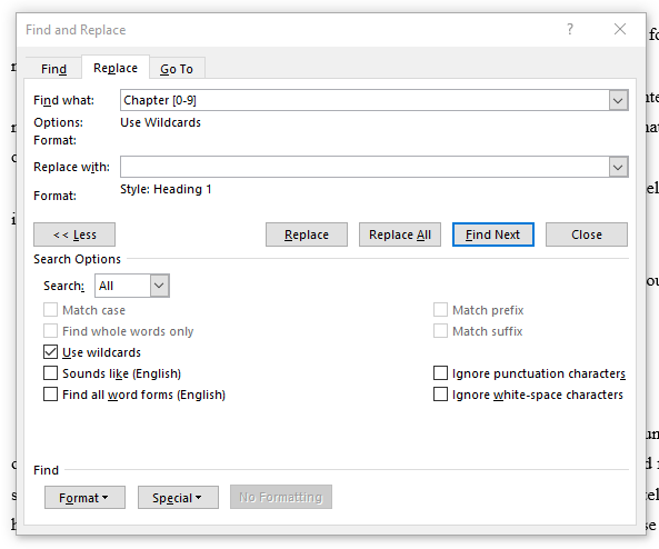 Screenshot of find and replace options for chapter titles