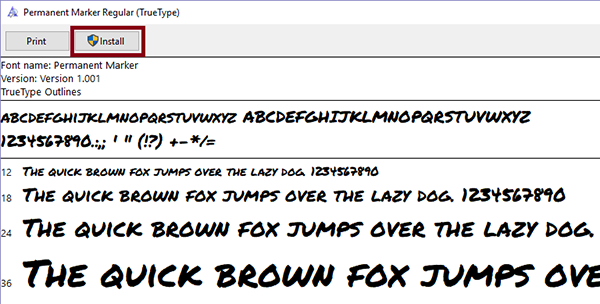 Screenshot of font installer in Windows