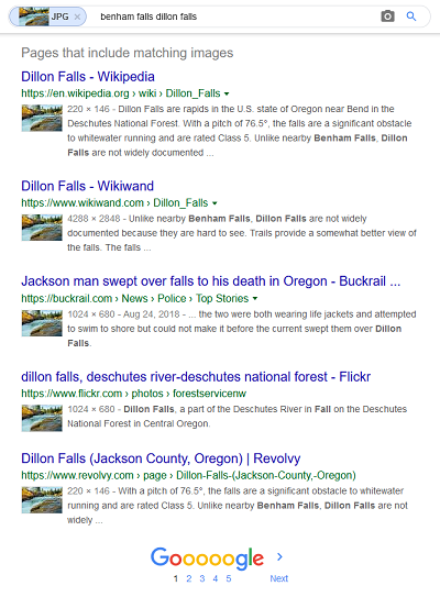 Reverse image search results for a photo of Dillon Falls