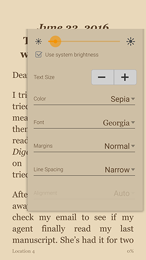 Screenshot of eBook text settings in the Kindle app